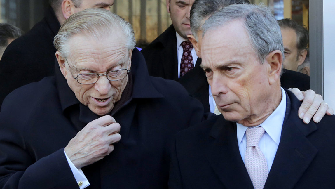 Real estate developer Larry Silverstein, left, puts his arm around New York Mayor Michael Bloomberg as they arrive for a ribbon-cutting ceremony to open Silverstein's 978-foot (298-meter) 4 World Trade Center, Wednesday, Nov. 13, 2013 in New York. (AP Photo/Mark Lennihan)