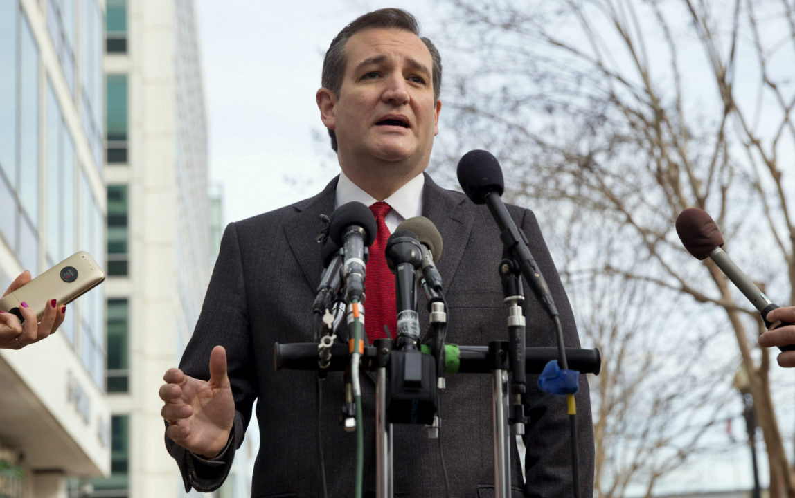 Republican presidential candidate, Sen. Ted Cruz, R-Texas speaks to the media about events in Brussels, Tuesday, March 22, 2016, near the Capitol in Washington. Cruz said he would use the "full force and fury" of the U.S. military to defeat the Islamic State group. (AP/Jacquelyn Martin)