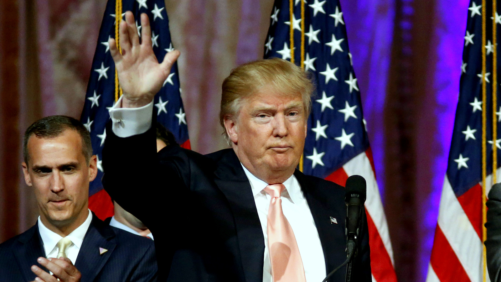 Republican presidential candidate Donald Trump waves as he speaks to supporters at his primary election night event at his Mar-a-Lago Club in Palm Beach, Fla., Tuesday, March 15, 2016. (AP Photo/Gerald Herbert)