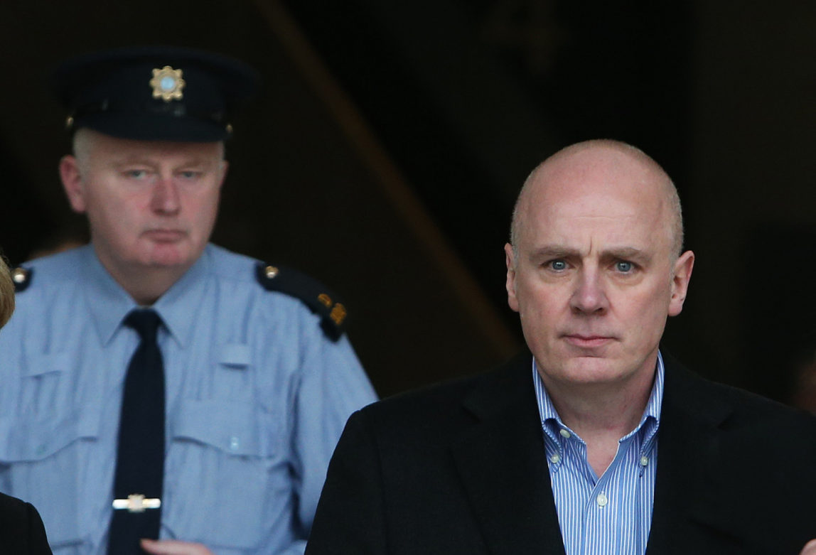 Former Anglo Irish Bank chief executive David Drumm walks free from Central Criminal Court in Dublin, Ireland Tuesday March 15, 2016, after he and relatives lodged 150,000 euros for his bail on 33 fraud charges. Drumm was extradited from Boston to Dublin on Monday after spending seven years in the United States seeking to gain U.S. bankruptcy protection and avoid facing 33 Irish fraud charges connected to Anglo’s 2009 nationalization and collapse. Court officials expect his trial to begin in mid-2017. (Brian Lawless/PA via AP) UNITED KINGDOM OUT NO SALES NO ARCHIVE