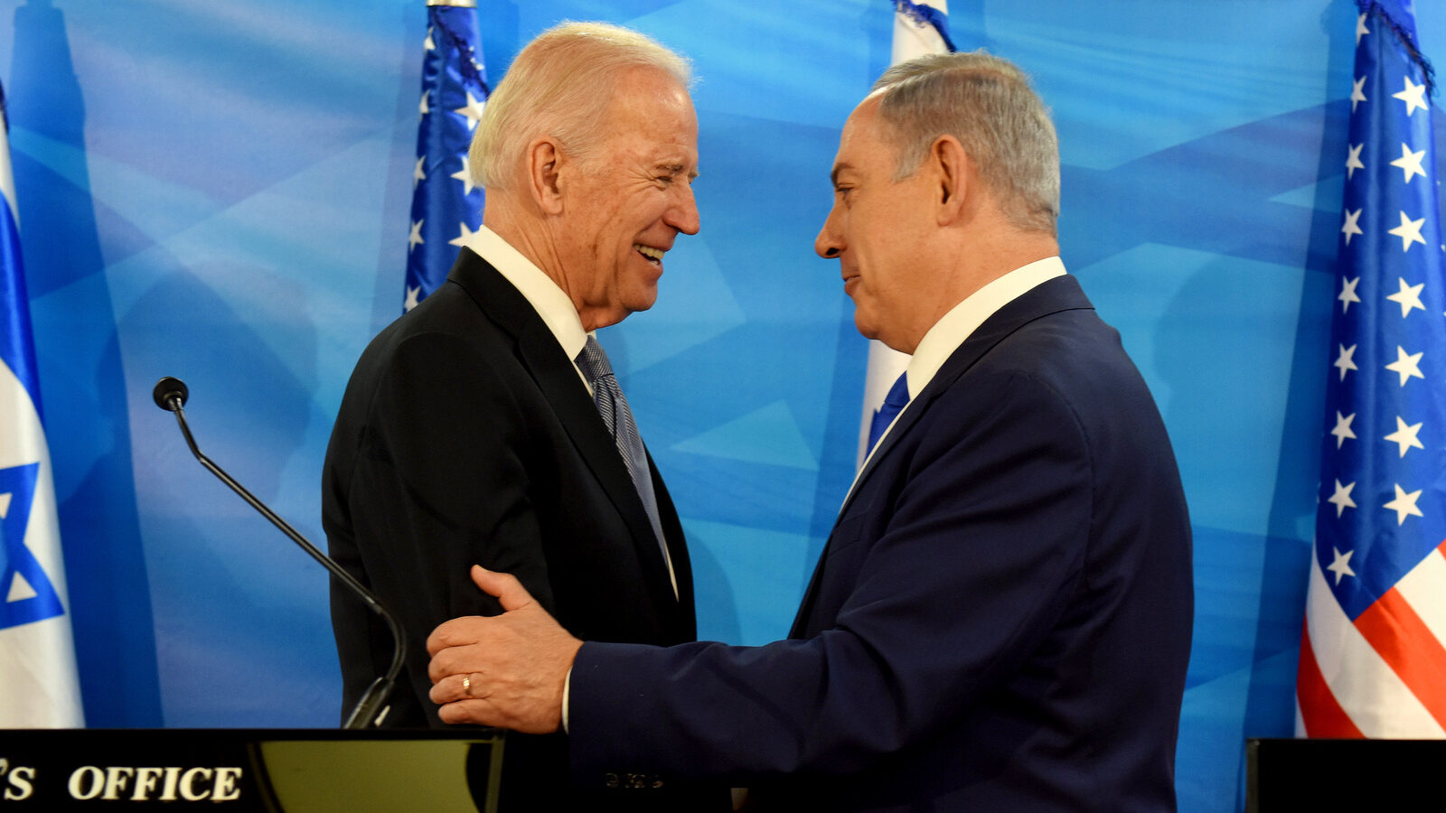 US Vice President Joe Biden and Israeli Prime Minister Benjamin Netanyahu shake hands while giving joint statements in the prime minister's office in Jerusalem, Israel, Wednesday, March 9, 2016. (Debbie Hill, Pool via AP)