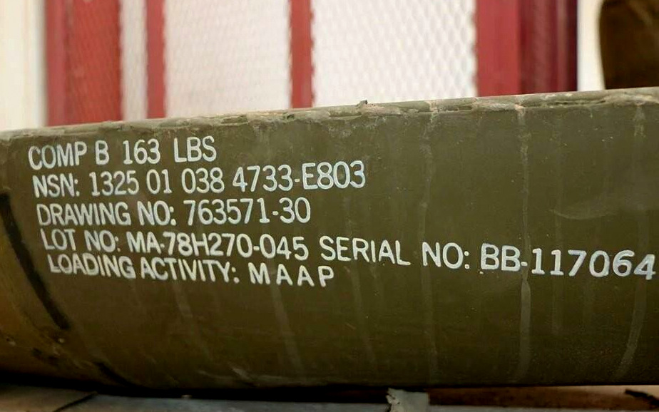 Markings on a remnant of a CBU-58 cluster bomb found near al-Zira`a Street in Sanaa on January 6, 2016 indicating that it was manufactured in 1978 at the Milan Army Ammunition Plant in the US state of Tennessee. © 2016 Private