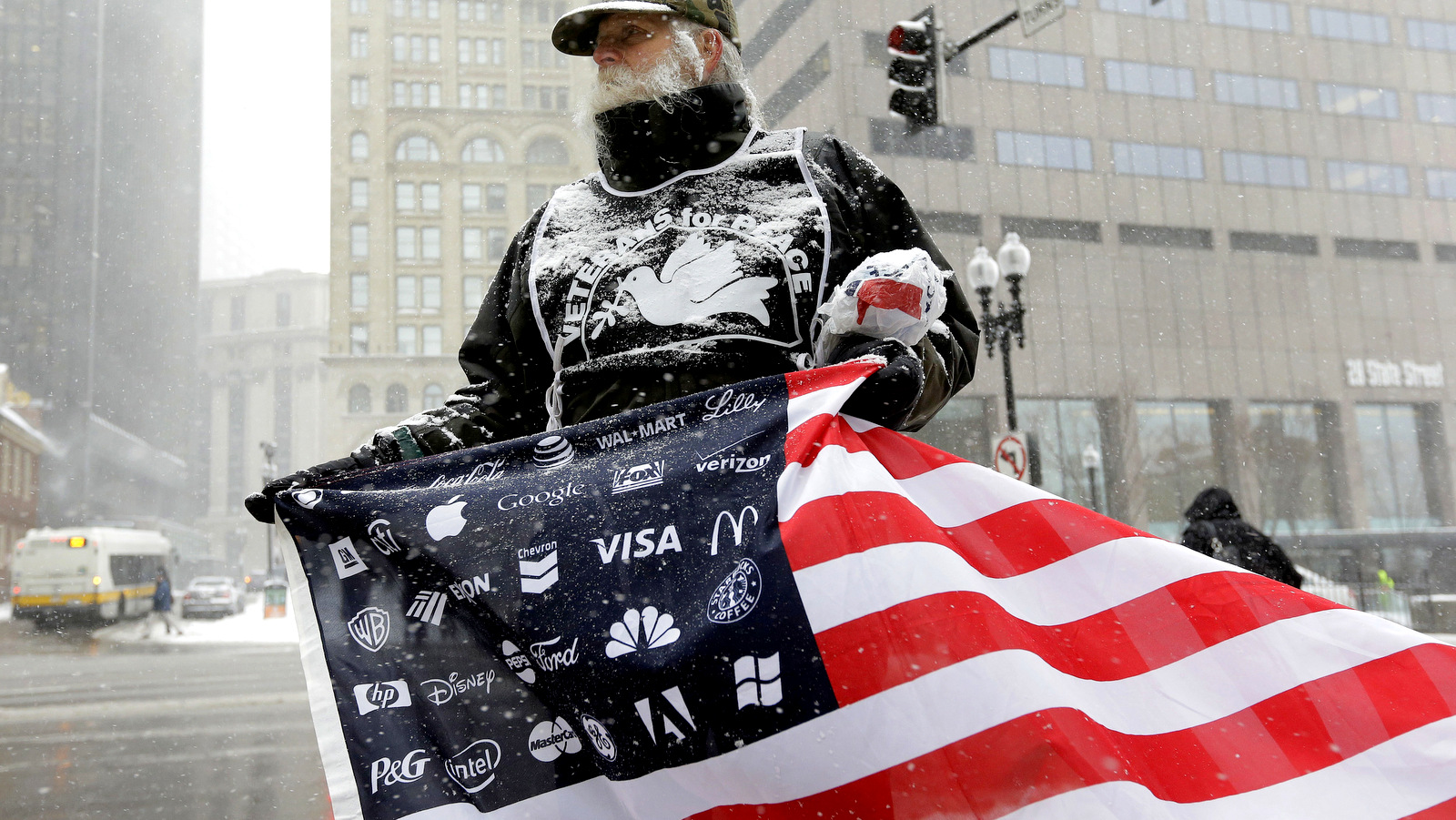 American flag featuring corporate logos