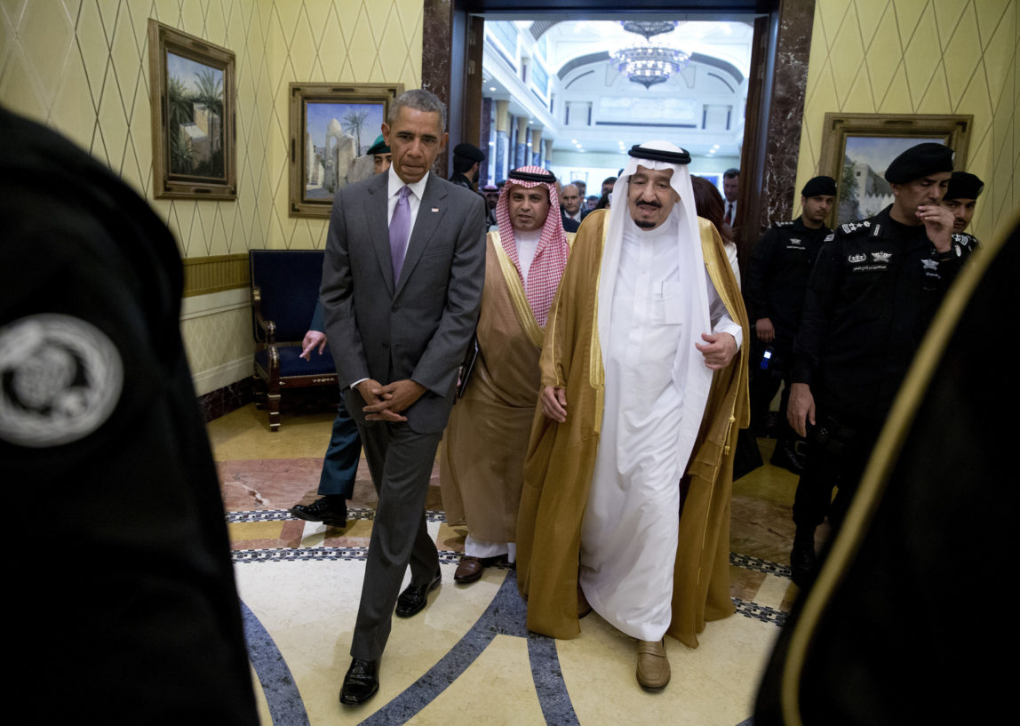 President Barack Obama and Saudi Arabia's King Salman walk together to a meeting at Erga Palace in Riyadh, Saudi Arabia, Wednesday, April 20, 2016. The President begins a six day trip to strategize with his counterparts in Saudi Arabia, England and Germany on a broad range of issues with efforts to rein in the Islamic State group being the common denominator in all three stops. (AP Photo/Carolyn Kaster)