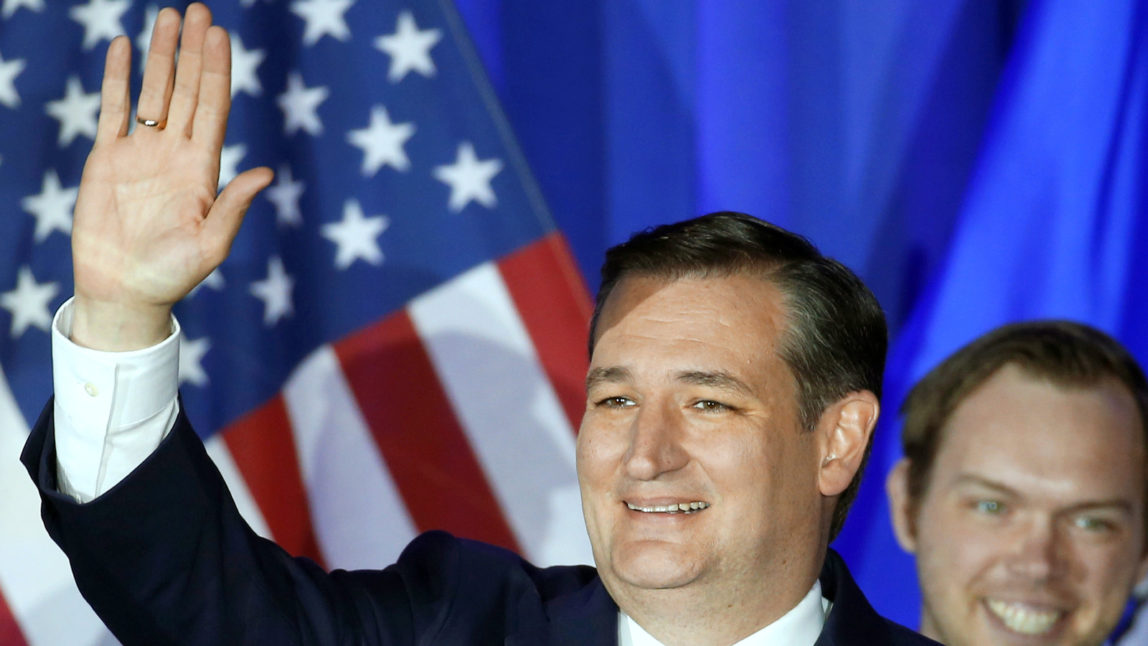 Republican presidential candidate Sen. Ted Cruz, R-Texas, waves during a primary night campaign event in Milwaukee. (AP Photo/Paul Sancya)