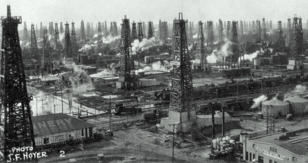 An oil field near Alabama and Clay streets in Huntington Beach, circa early 1920s. We have since cleaned up well(s). (Photo, City of Huntington Beach archives)