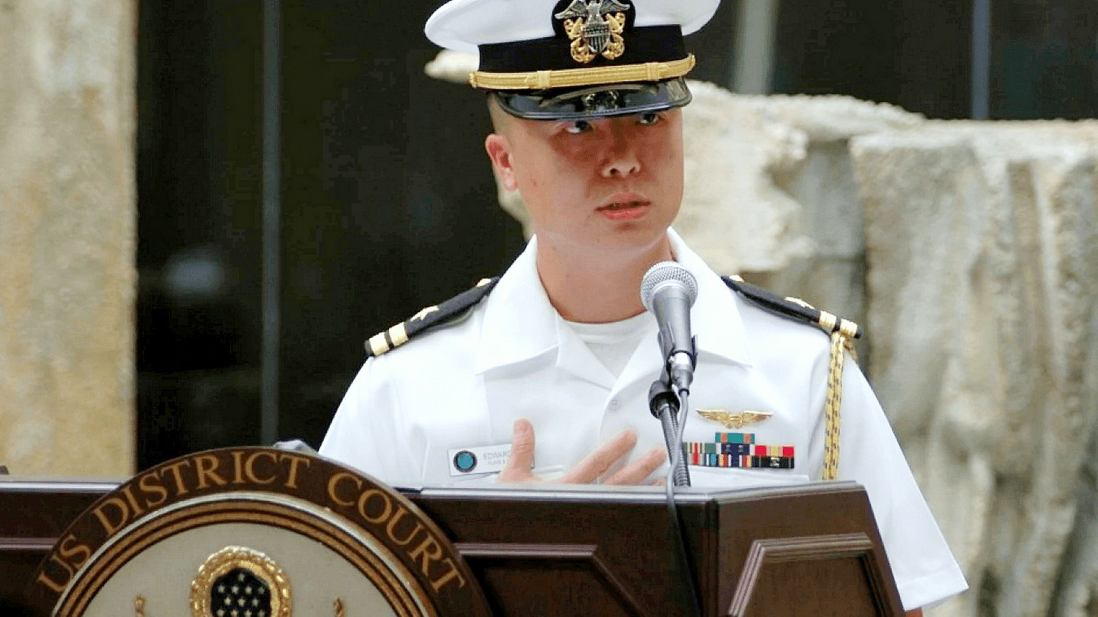 In this Dec. 3, 2008 photo released by the U.S. Navy, Lt. Edward Lin, a native of Taiwan speaks. The U.S. military has charged Lin with espionage for allegedly passing military secrets to China or Taiwan, U.S. defense officials said Monday, April 11, 2016. (U.S. Navy/MC1 Sarah Murphy via AP)