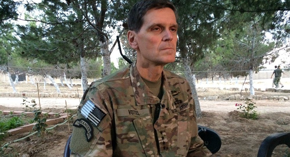 Army Gen. Joseph Votel speaks to reporters Saturday, May 21, 2016 during a secret trip to Syria. Votel said he is encouraged by progress in building local Syrian Arab and Kurdish forces to fight the Islamic State.