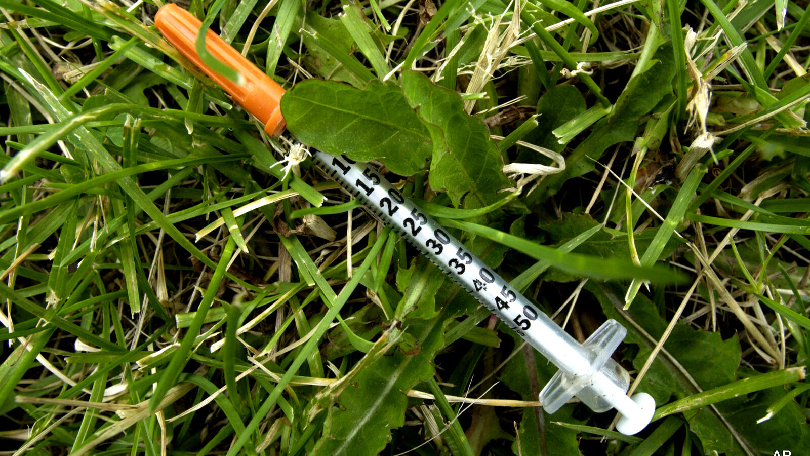 A syringe lies in the grass on a playing field near Charlestown High School, in the Charlestown neighborhood of Boston.