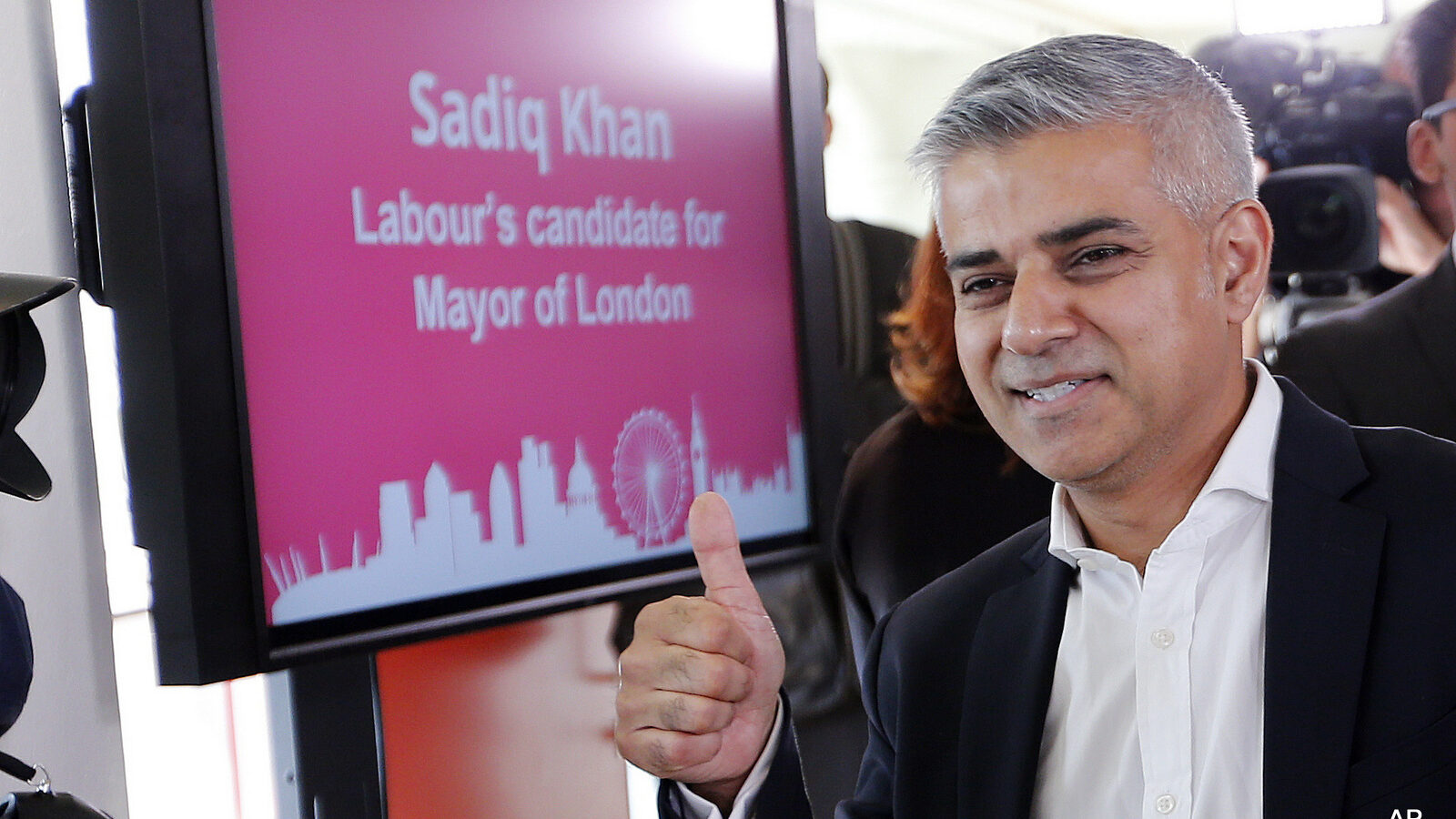 Sadiq Khan gives a thumbs up after he was announced the winner of the election for the Labour party's candidate for the Mayor of London, at the Royal Festival Hall in London, Friday, Sept. 11, 2015