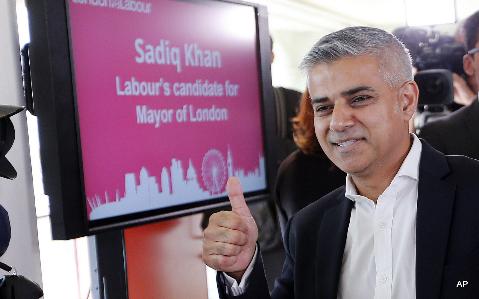 Sadiq Khan gives a thumbs up after he was announced the winner of the election for the Labour party's candidate for the Mayor of London, at the Royal Festival Hall in London, Friday, Sept. 11, 2015