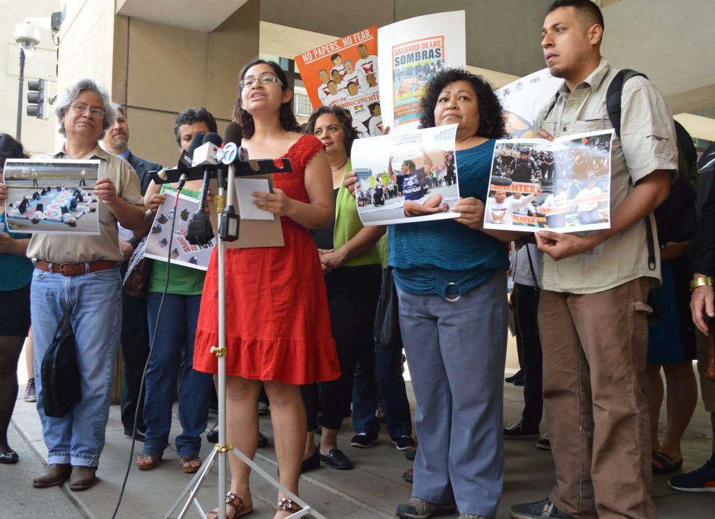 Ireri Unzueta Carrasco (center) at a conference in Chicago announcing his lawsuit against Citizenship and Immigration (USCIS). PHOTO: MARCELA CARTAGENA / LA RAZA