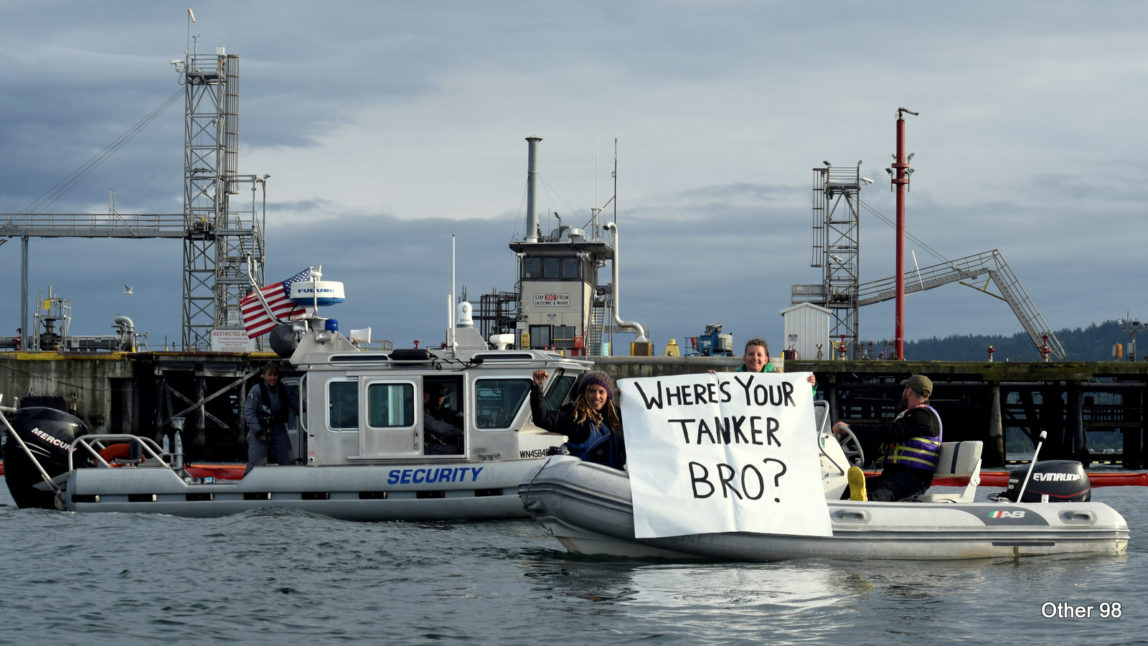 The Mosquito Fleet taunts Shell's on-water security crew with a snarky banner on May 15, 2016.