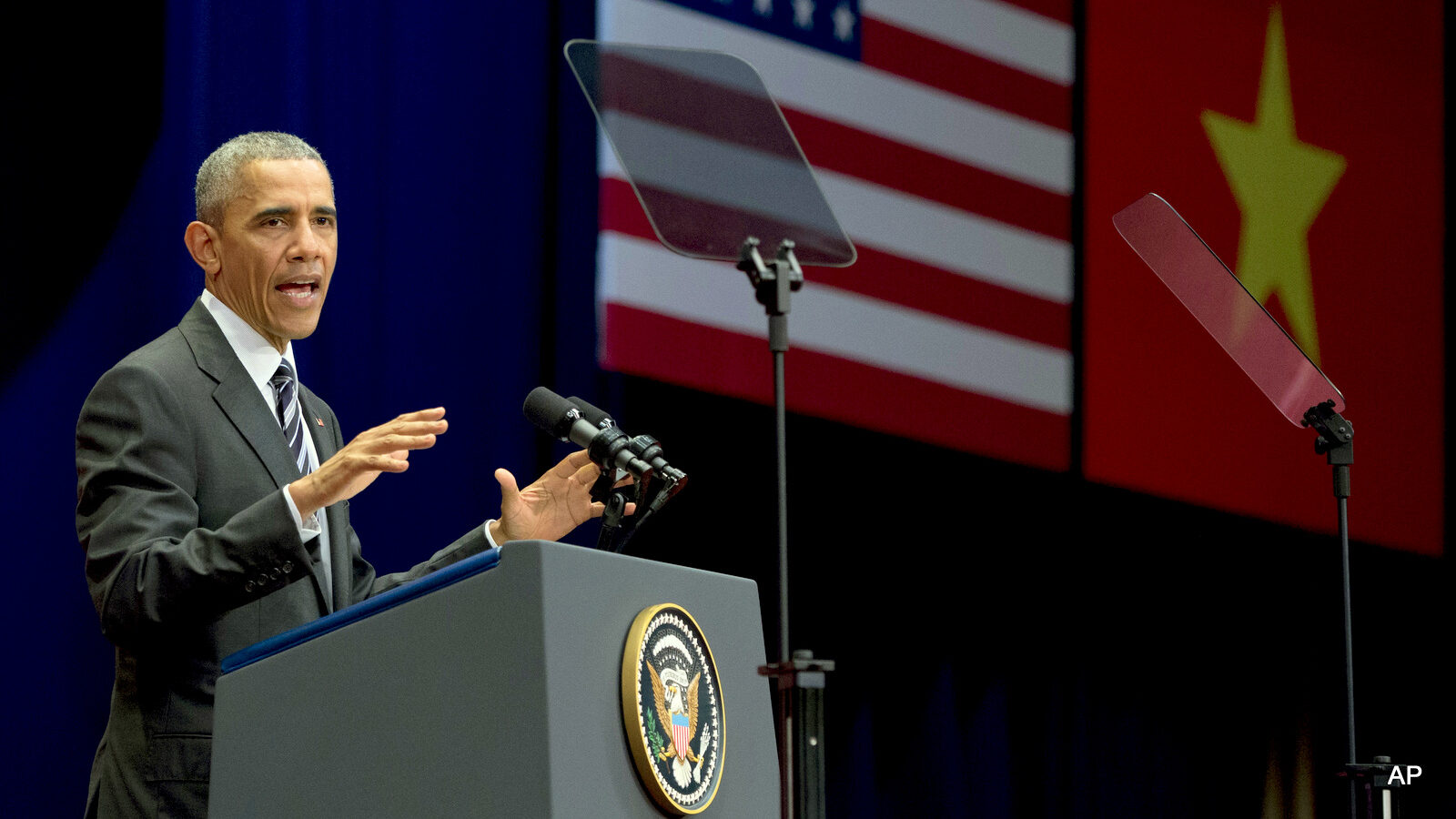 U.S. President Barack Obama speaks at the National Convention Center in Hanoi, Vietnam, Tuesday, May 24, 2016.