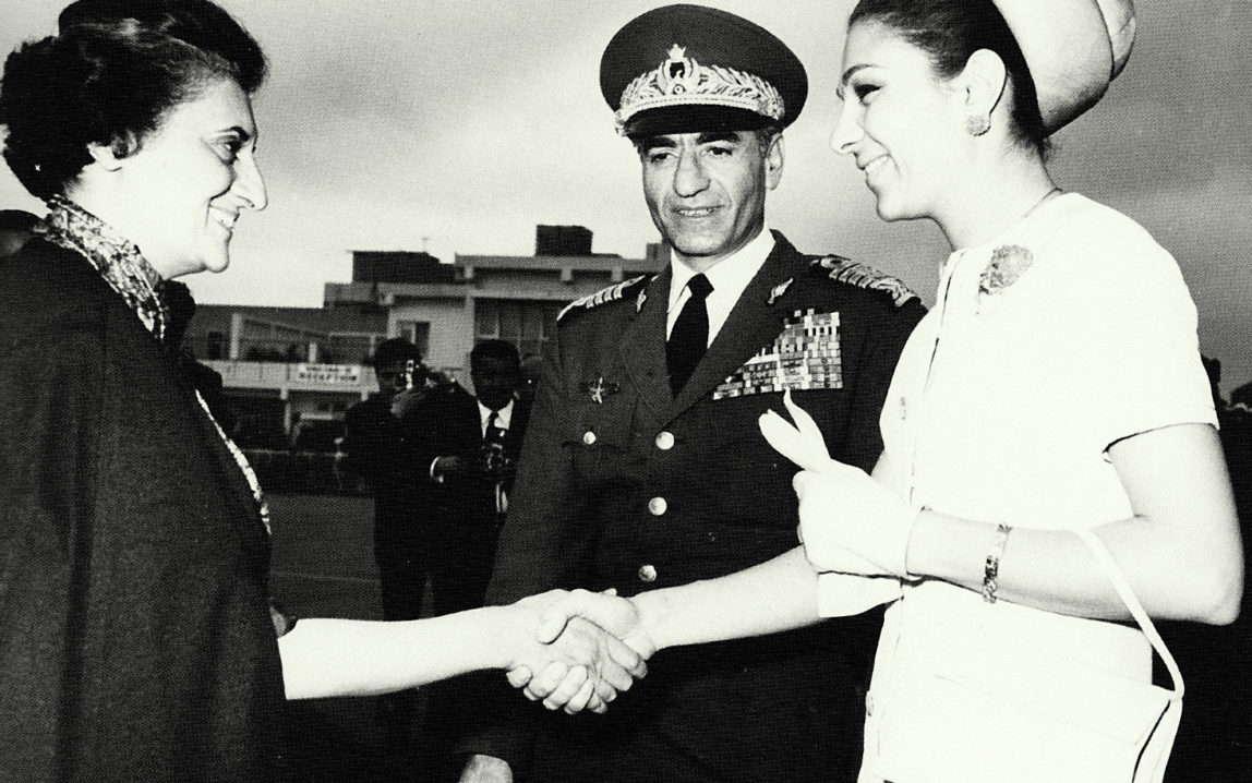 CIA installed dictator Mohammad Reza Pahlavi and Schahbanu Farah Pahlavi meet Prime Minister Indira Ghandi, state visit in India, 1970.