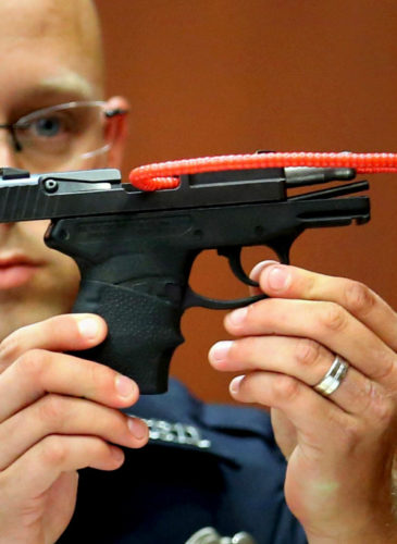 The gun used by Mr Zimmerman to shoot and kill teenager Trayvon Martin is displayed in court.
