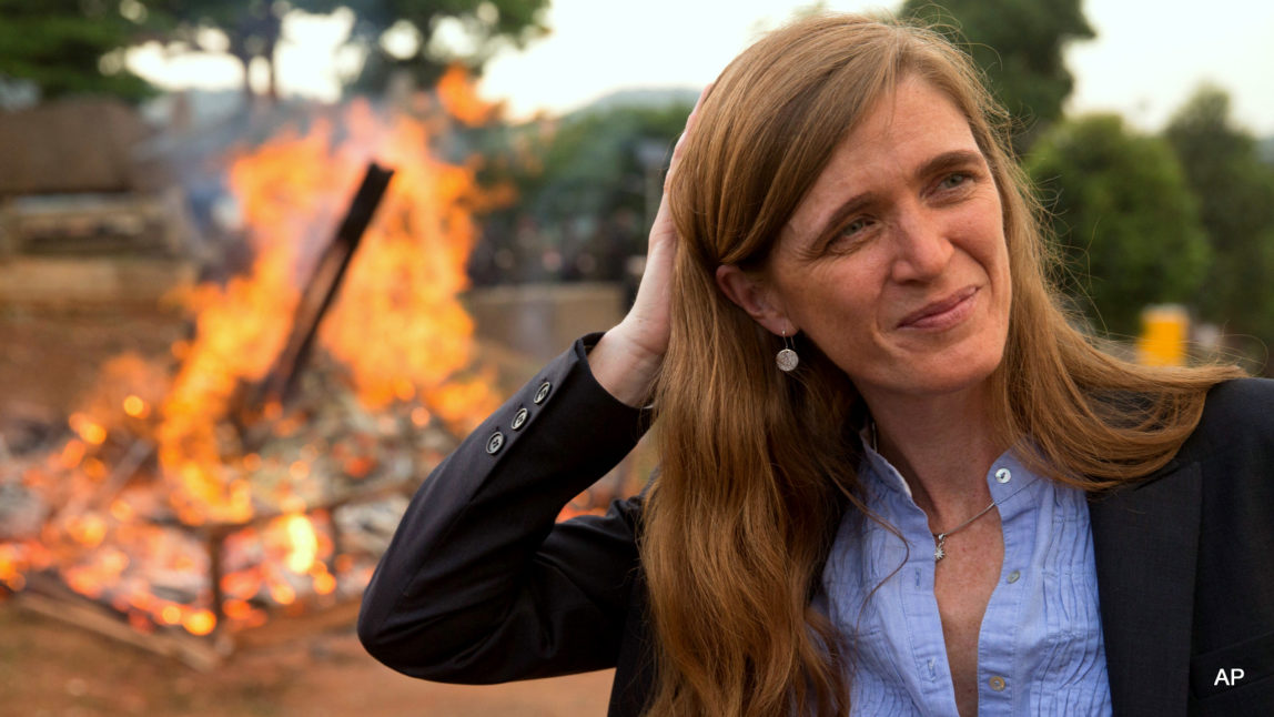 U.S. Ambassador to the United Nations Samantha Power stands near the first Cameroon Ivory Burn at the Palais des Congres in Yaounde, Cameroon, Tuesday, April 19, 2016.