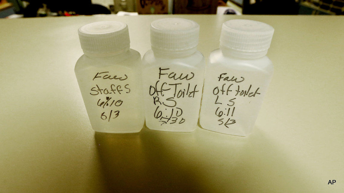 Water samples for lead testing sit on an office counter top at Fawcett Elementary School in Tacoma, Wash. After Tacoma Public Schools revealed last month that multiple elementary schools tested positive for lead in the drinking water