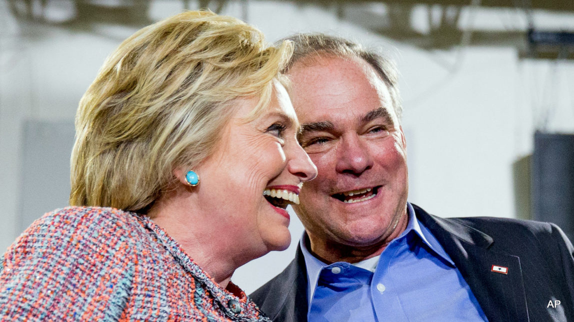 Democratic presidential candidate Hillary Clinton and Sen. Tim Kaine, D-Va.,participate in a rally at Northern Virginia Community College in Annandale, Va., Thursday, July 14, 2016.