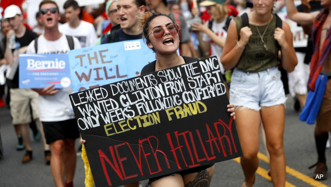 Supporters of Sen. Bernie Sanders, I-Vt., march during a protest in downtown Philadelphia, Monday, July 25, 2016, on the first day of the Democratic National Convention.