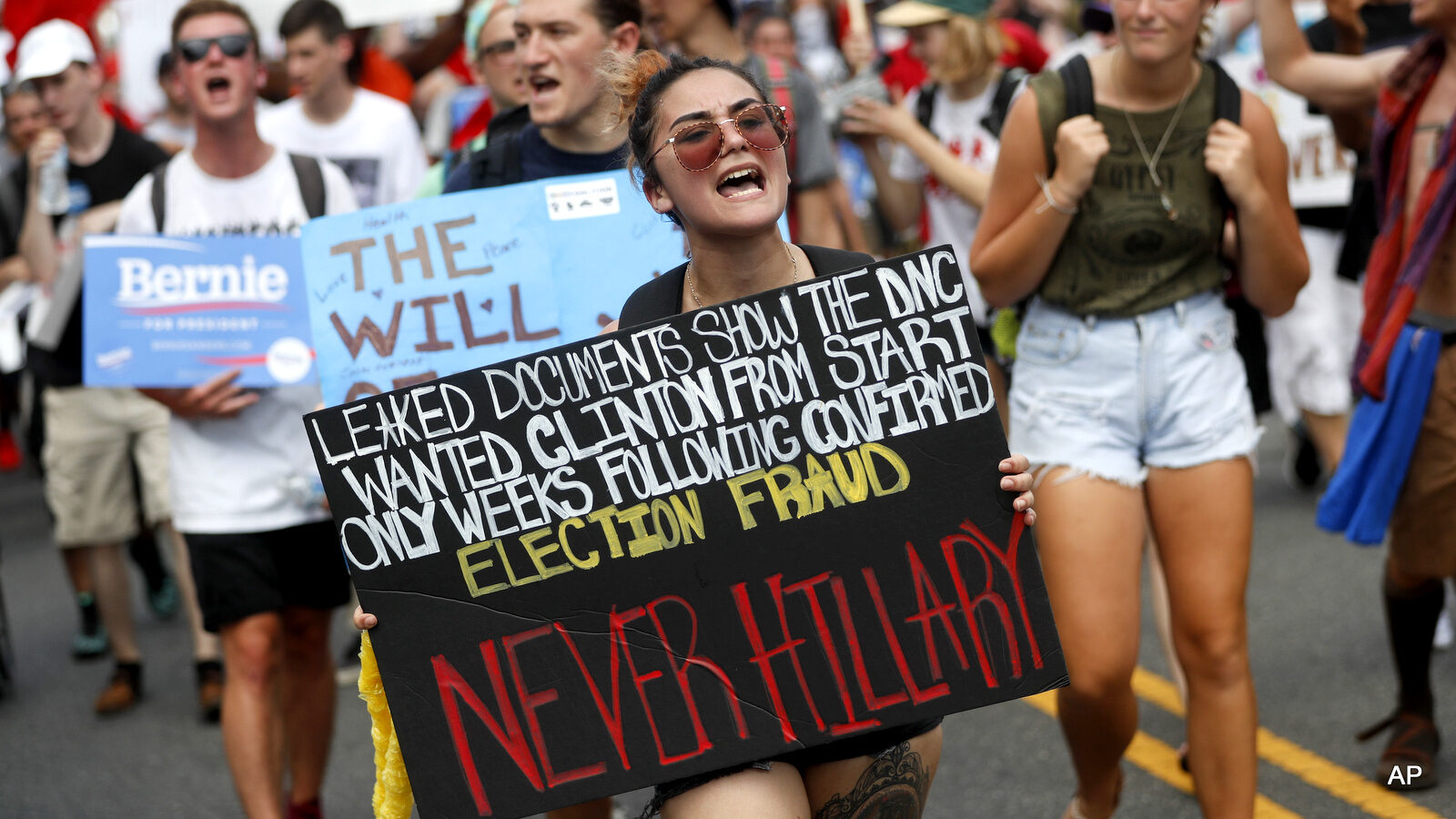 Supporters of Sen. Bernie Sanders, I-Vt., march during a protest in downtown Philadelphia, Monday, July 25, 2016, on the first day of the Democratic National Convention.