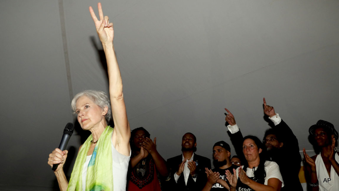 Dr. Jill Stein, presumptive Green Party presidential nominee, speaks at a Power to the People Rally at Franklin Delano Roosevelt Park, Monday, July 25, 2016, in Philadelphia, during the first day of the Democratic National Convention.