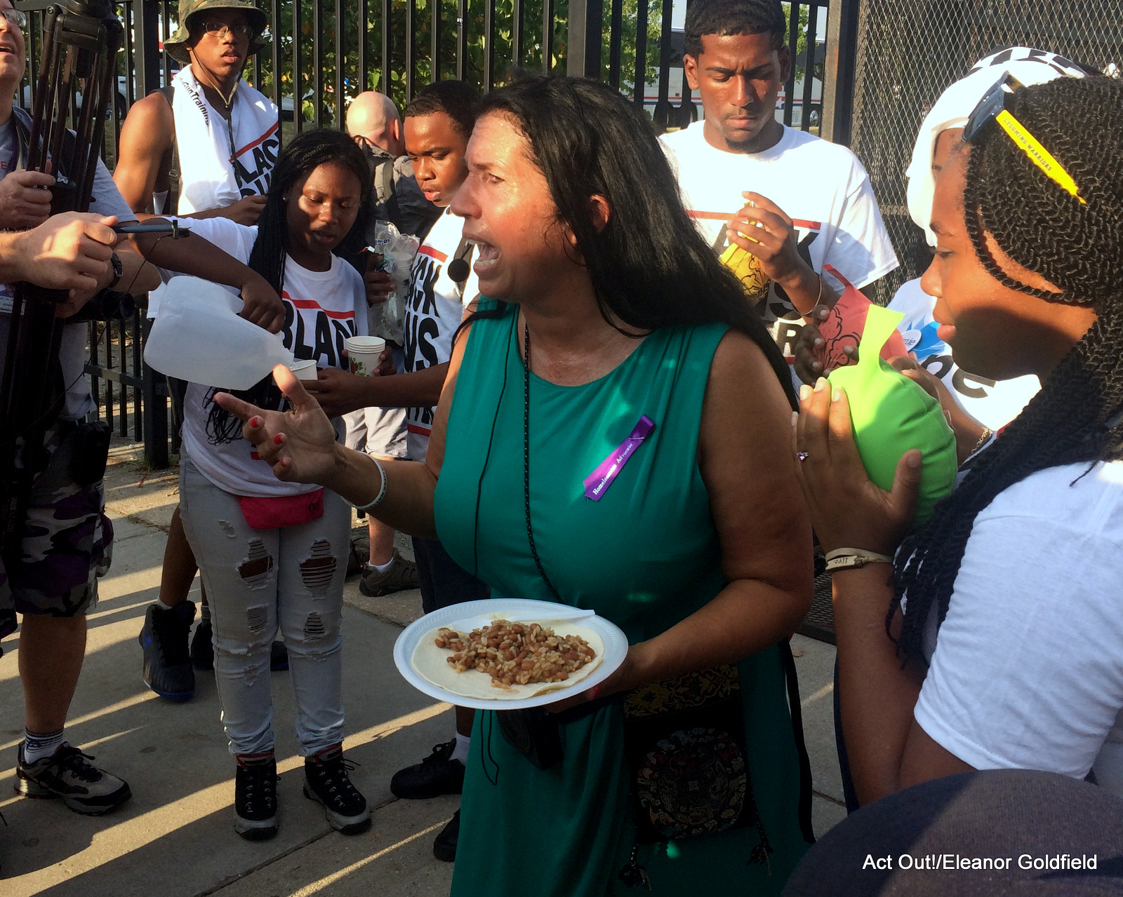 In this July 27, 2016 photograph, Cheri Honkala, leader of the Poor People's Economic Rights Campaign, hosts a "Fart-In" outside the gates of the Democratic National Convention in Philadelphia to highlight corruption in democracy. 