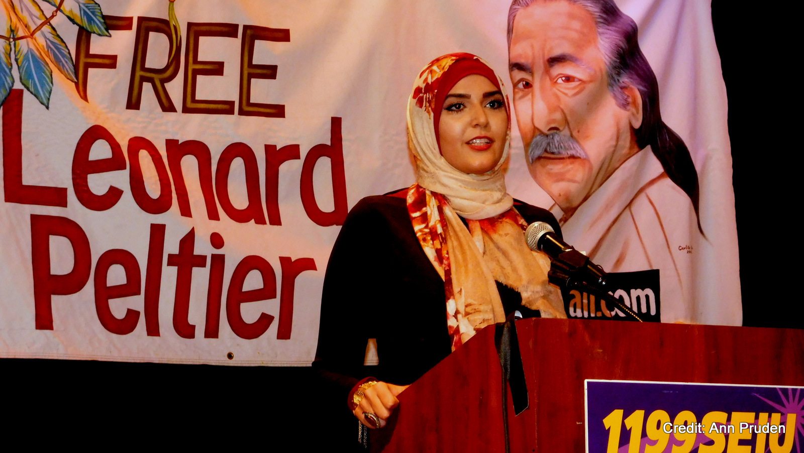 New York City Students for Justice in Palestine chair Nerdeen Kiswani speaks at a New York rally for Leonard Peltier on February 6, 2016.