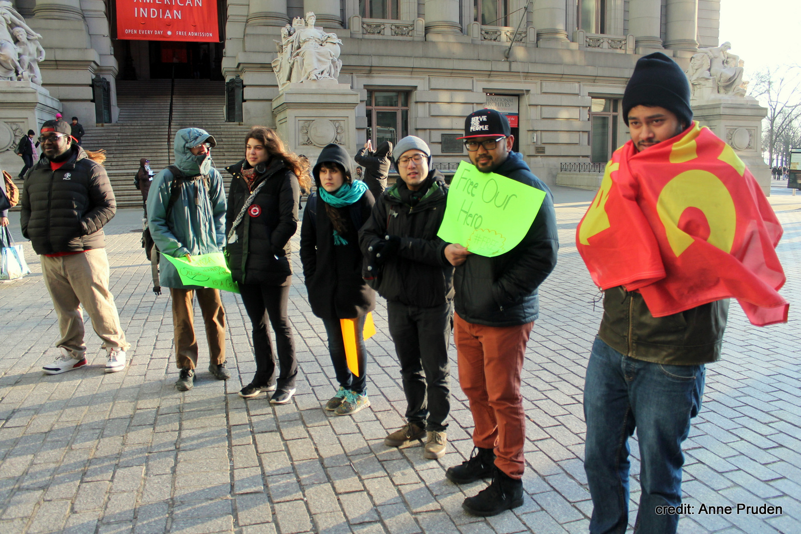 Students and other supporters rally for Leonard Peltier outside the National Museum of the American Indian in New York on February 26, 2016.