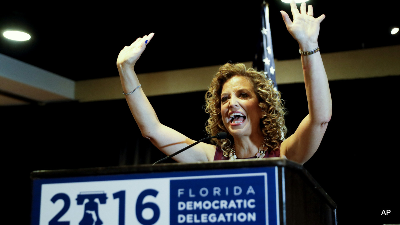 DNC Chairwoman, Debbie Wasserman Schultz, D-Fla., speaks during a Florida delegation breakfast, Monday, July 25, 2016, in Philadelphia, during the first day of the Democratic National Convention. 