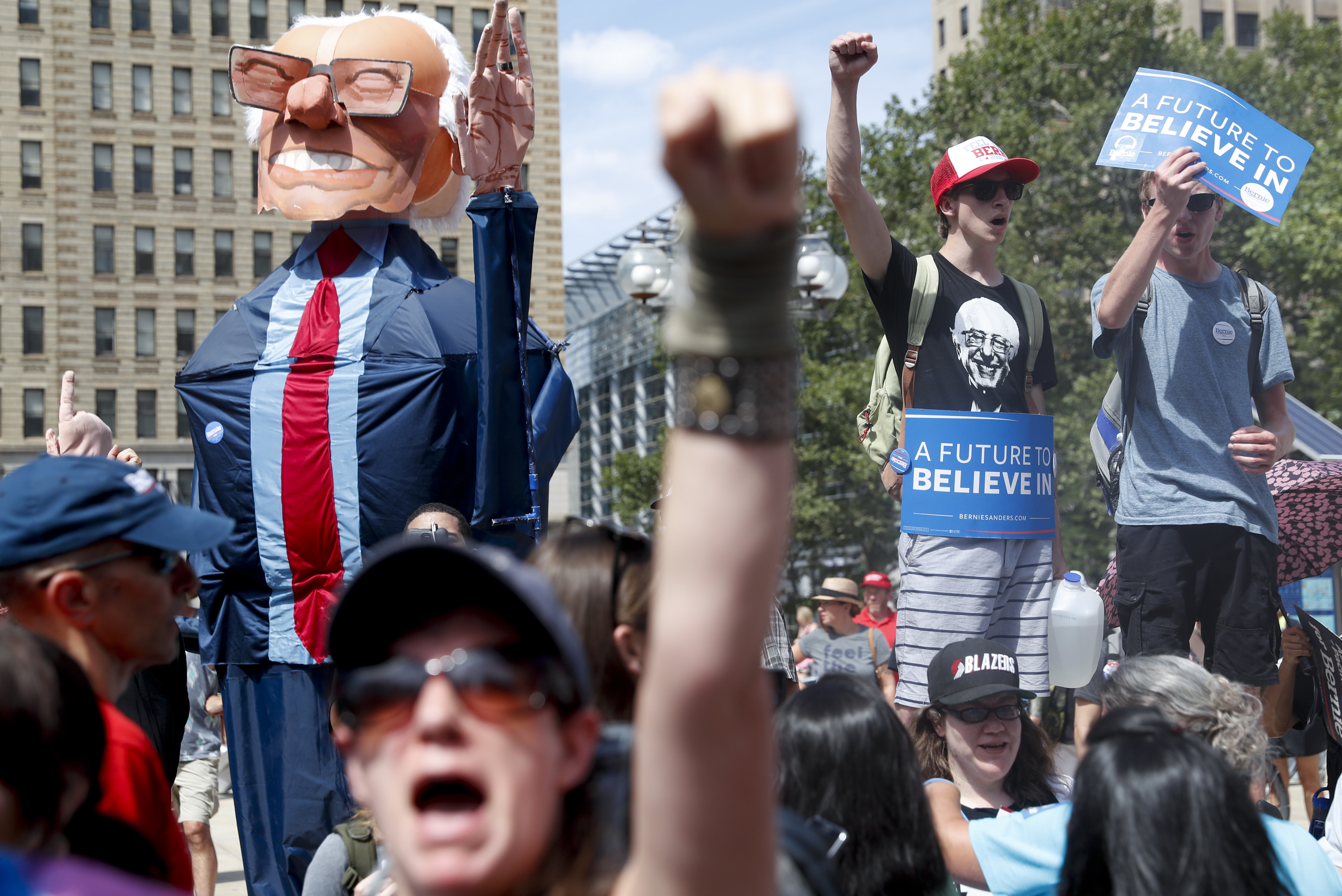 Supporters of Sen. Bernie Sanders, I-Vt., march during a protest in downtown on Sunday, July 24, 2016, in Philadelphia. (AP/John Minchillo)