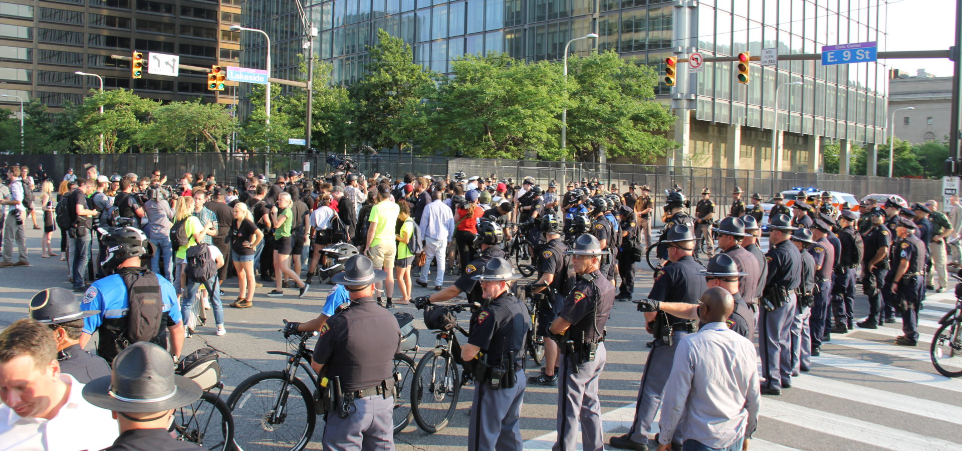 Police block off a protest at the 2016 Republican National Convention. July 19, 2016. (MintPress News / Desiree Kane)