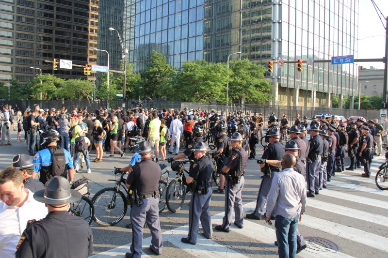 Using bicycles, police block off a protest at the 2016 Republican National Convention. July 19, 2016. (MintPress News / Desiree Kane)