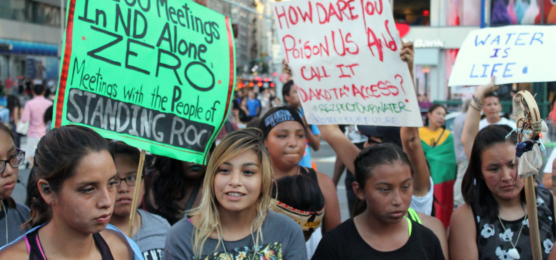 Activists in New York's Union Square rally in support of Native-Americans battling the controversial Dakota Access Pipeline.