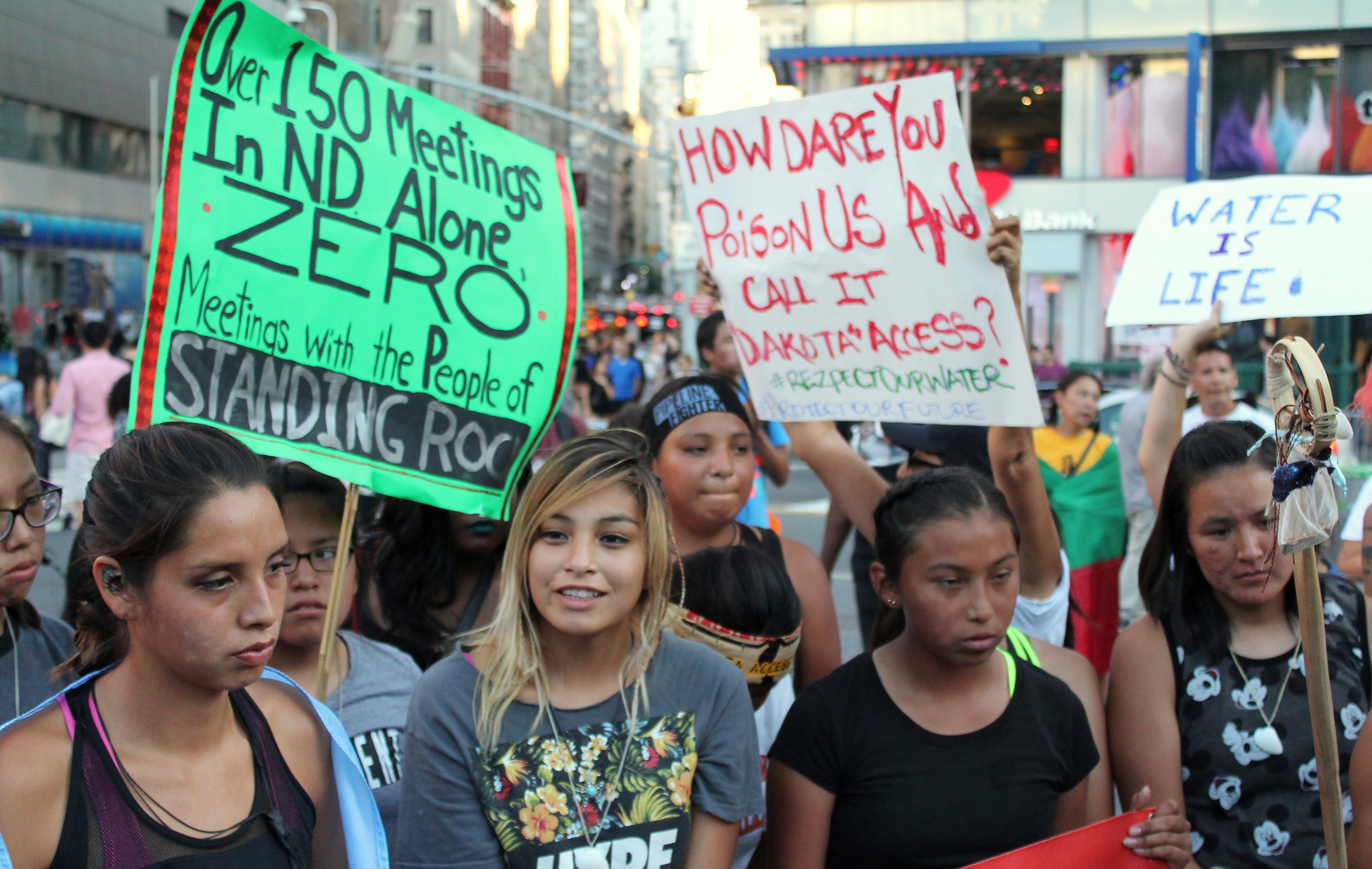 Activists in New York's Union Square rally in support of Native-Americans battling the controversial Dakota Access Pipeline.