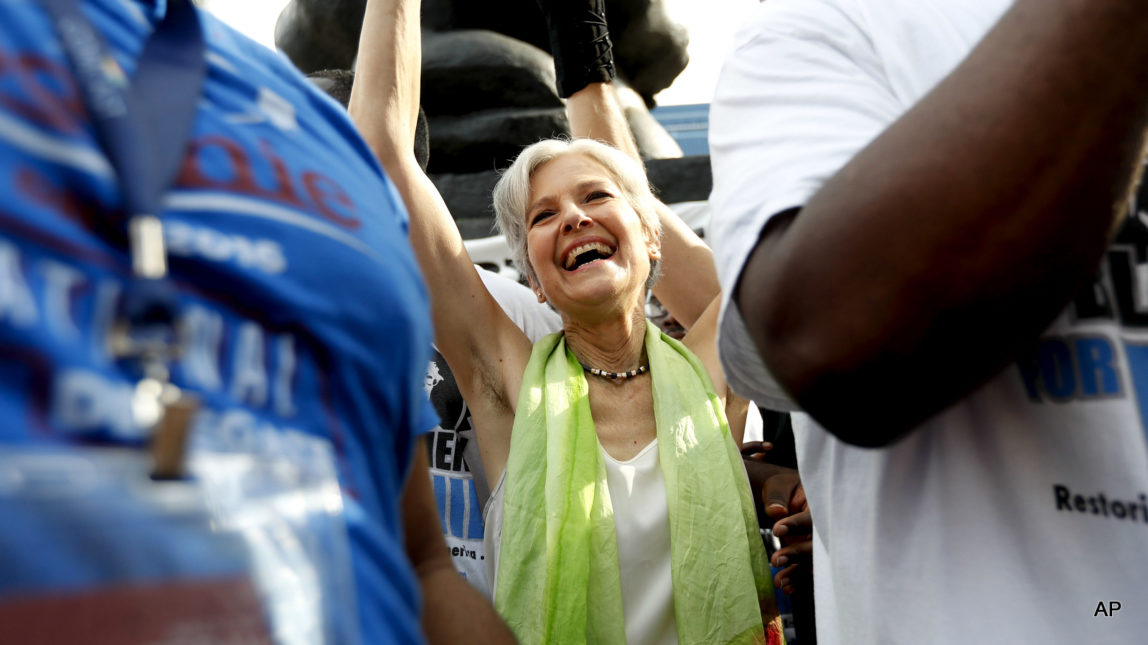 Dr. Jill Stein, presumptive Green Party presidential nominee, waves at a rally in Philadelphia, Wednesday, July 27, 2016, during the third day of the Democratic National Convention.