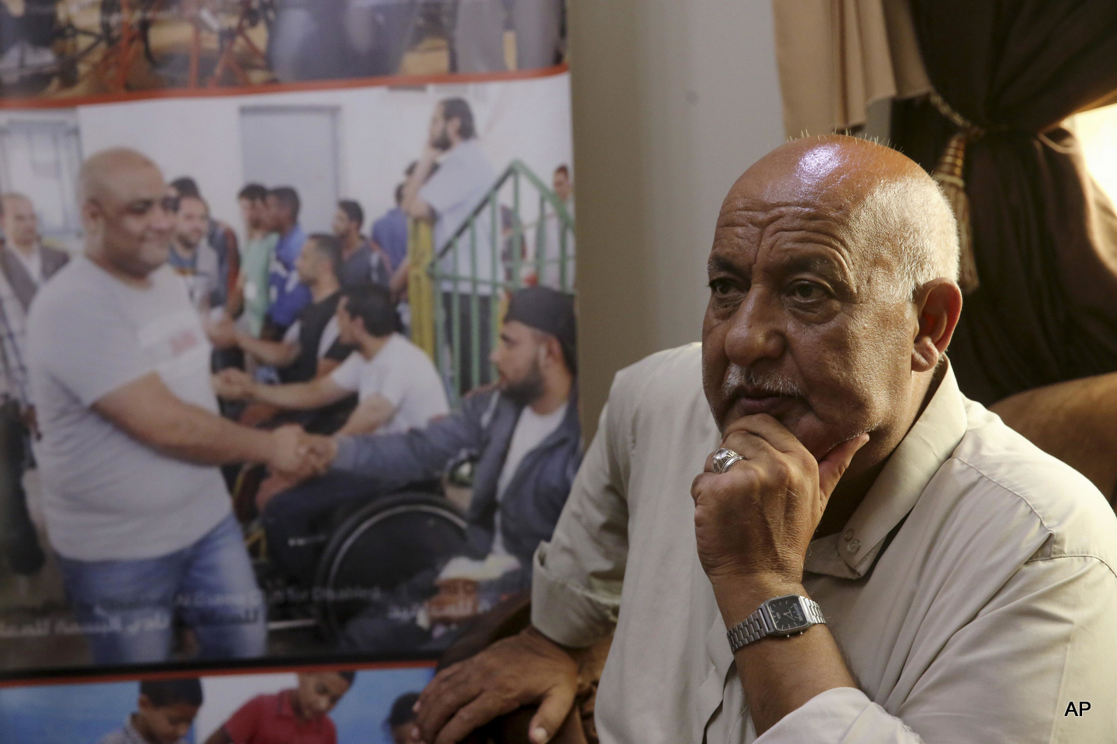 Khalil el-Halabi, 63, the father of Mohammed, Gaza director of the international charity World Vision, who is detained and was tortured by Israeli security for allegedly diverting funds to Hamas. Israel's Shin Bet security agency says el-Halabi confessed to siphoning about $7.2 million a year to Hamas over a period of five years. World Vision says this figure is more than its total budget of $22.5 million over the last decade.