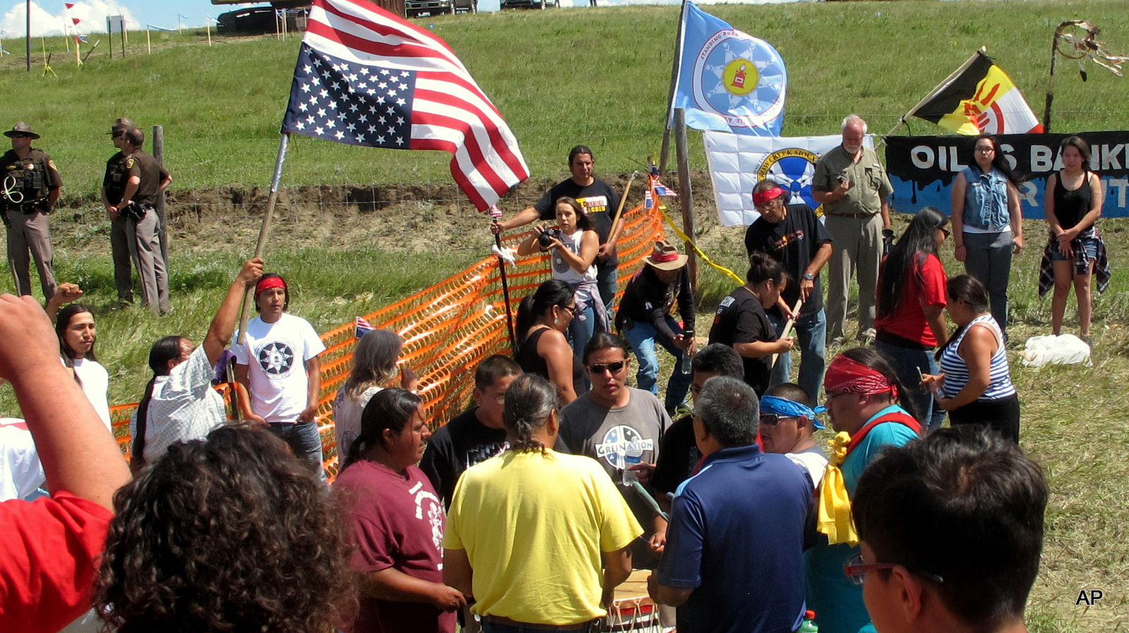 Native Americans protest the Dakota Access oil pipeline on Friday, Aug. 12, 2016 near the Standing Rock Sioux reservation in southern North Dakota.