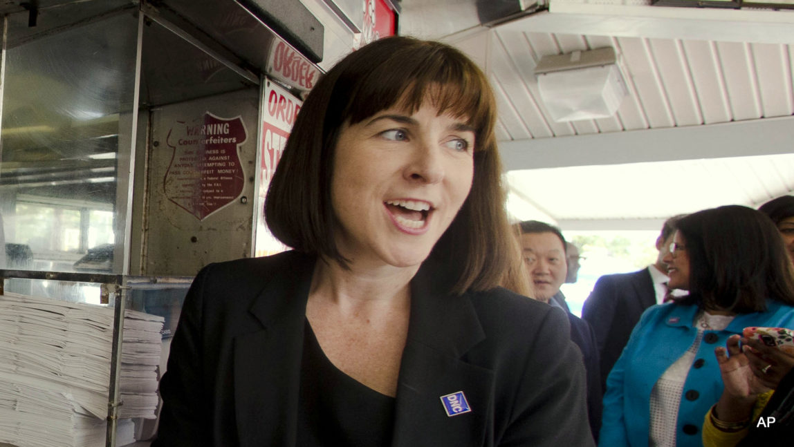 Former Democratic National Committee (DNC) CEO Amy Dacey and other representatives considering where to host the 2016 convention, get cheesesteaks at Pat's King of Steaks in Philadelphia on Wednesday, Aug. 13, 2014.
