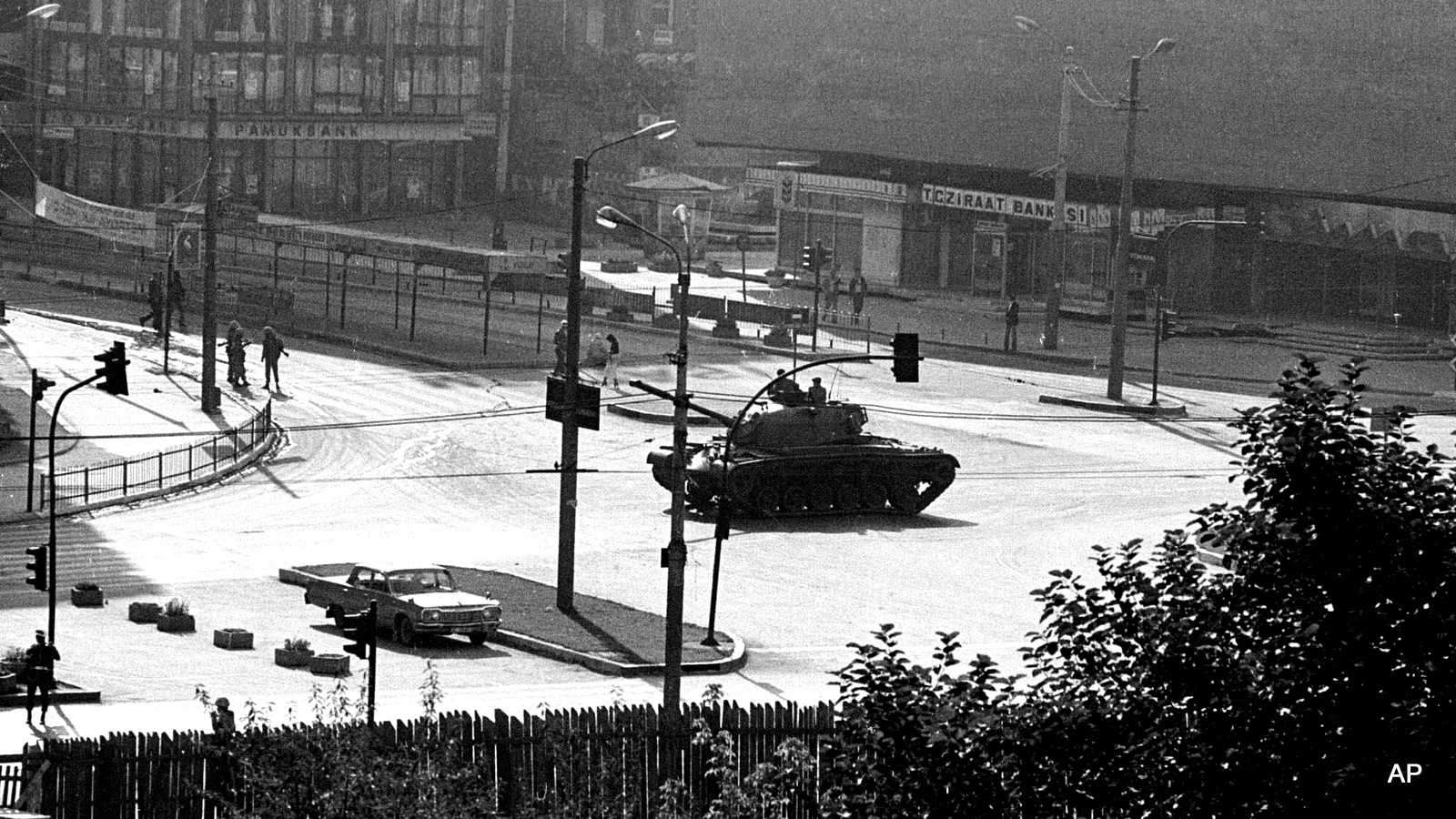 A military tank is stationed at the center of Kizilay, Ankara's main square, a few hours after a coup d'etat, early Sept. 12, 1980 in this photo. The army took over the country to quell leftist-rightist street battles that killing about a dozen people a day.