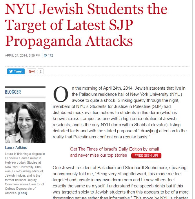 A screenshot of Adkins article featured in the Times of Israel.