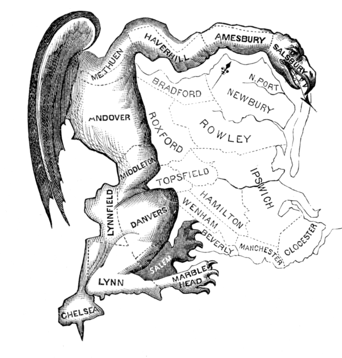 Printed in March 1812, this political cartoon was drawn in reaction to the newly drawn state senate election district of South Essex created by the Massachusetts legislature to favor the Democratic-Republican Party candidates of Governor Elbridge Gerry over the Federalists.
