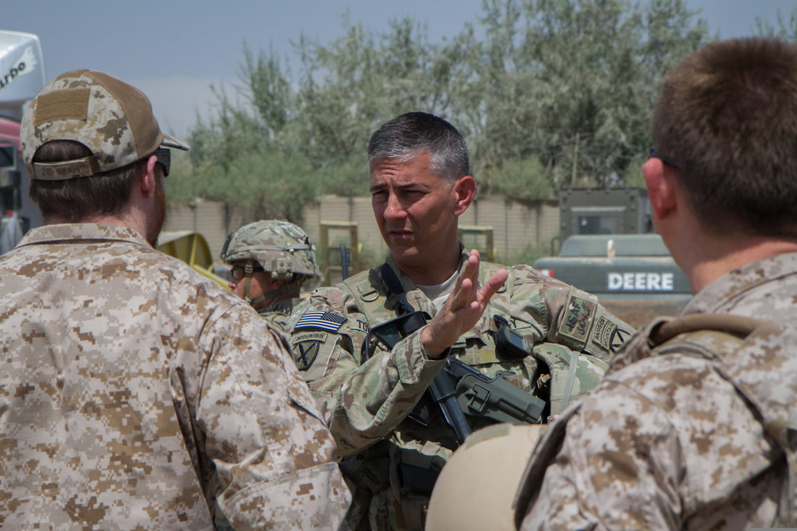 U.S. Army Maj. Gen. Stephen Townsend, the commander of Combined Joint Task Force 10 and Regional Command East, speaks with Service members during a visit to Baraki Barak, Logar province, Afghanistan, Aug. 25, 2014. (U.S. Army photo by Master Sgt. Kap Kim/Released)