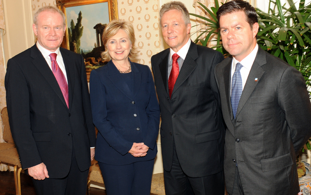 Declan Kelly (far right) with Hillary Clinton, Martin McGuinness and Peter Robinson in New York in 2009.