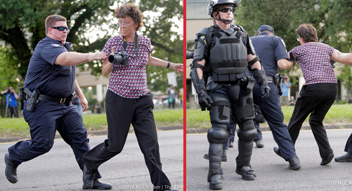 Gloria La Riva, third party candidate, among 100 arrested in Baton Rouge police attack.