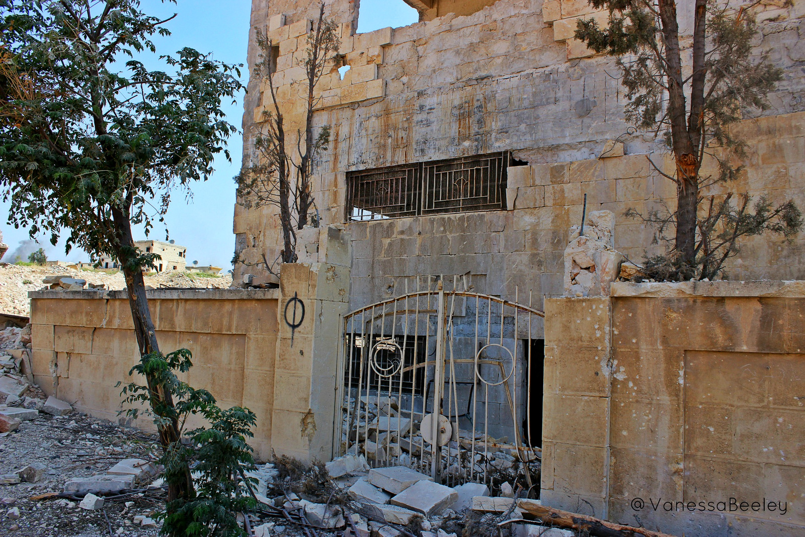 Remains of the headquarters of the 16th Division of the Free Syrian Army. We were told to be careful walking around inside because of the risk of uncleared IEDs that are left behind when terrorists flee an area they have occupied for any length of time. (Photo by Vanessa Beeley)