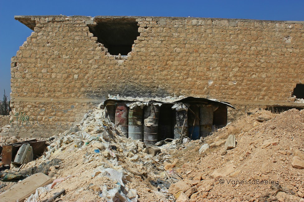 A barrel air-raid shelter or sniper nest created by terrorists in Bani Zaid. (Photo by Vanessa Beeley)