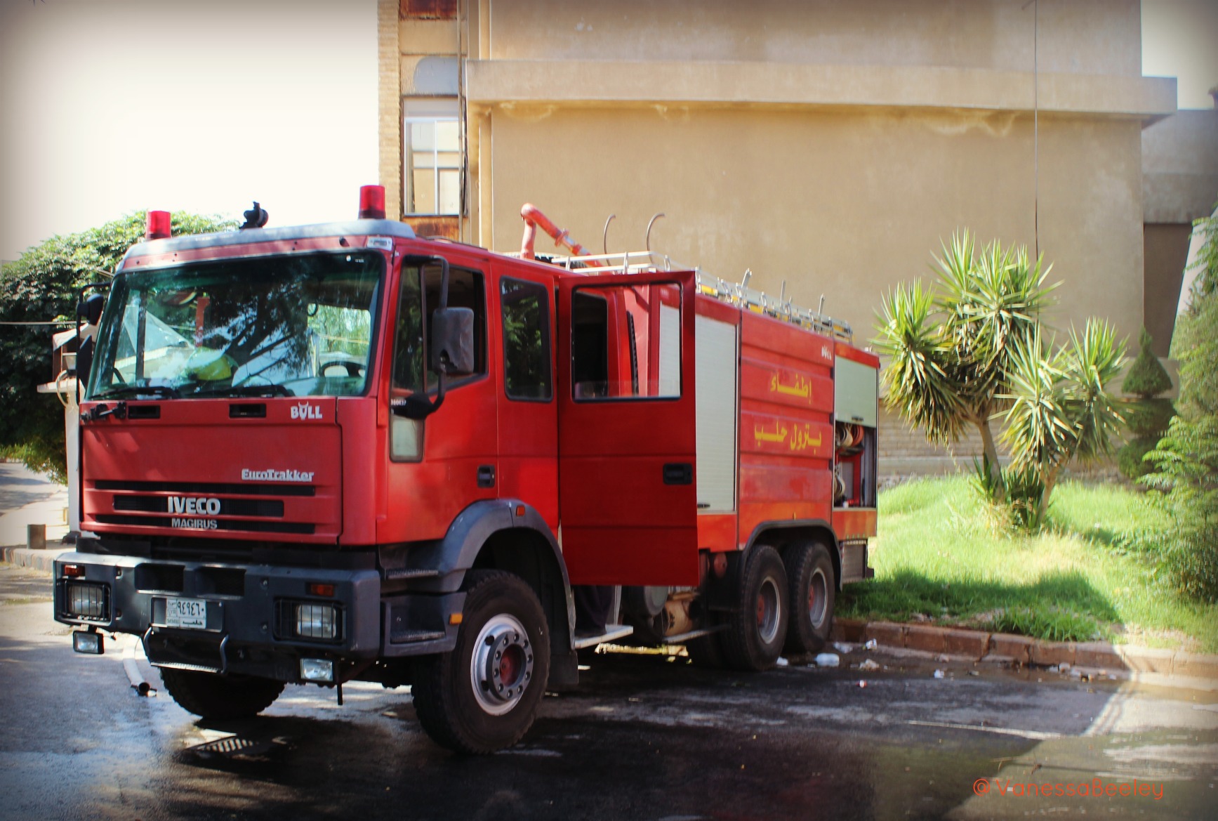 One of the real Syria Civil Defense’s fire engines parked at their unit in western Aleppo. (Photo: Vanessa Beeley)
