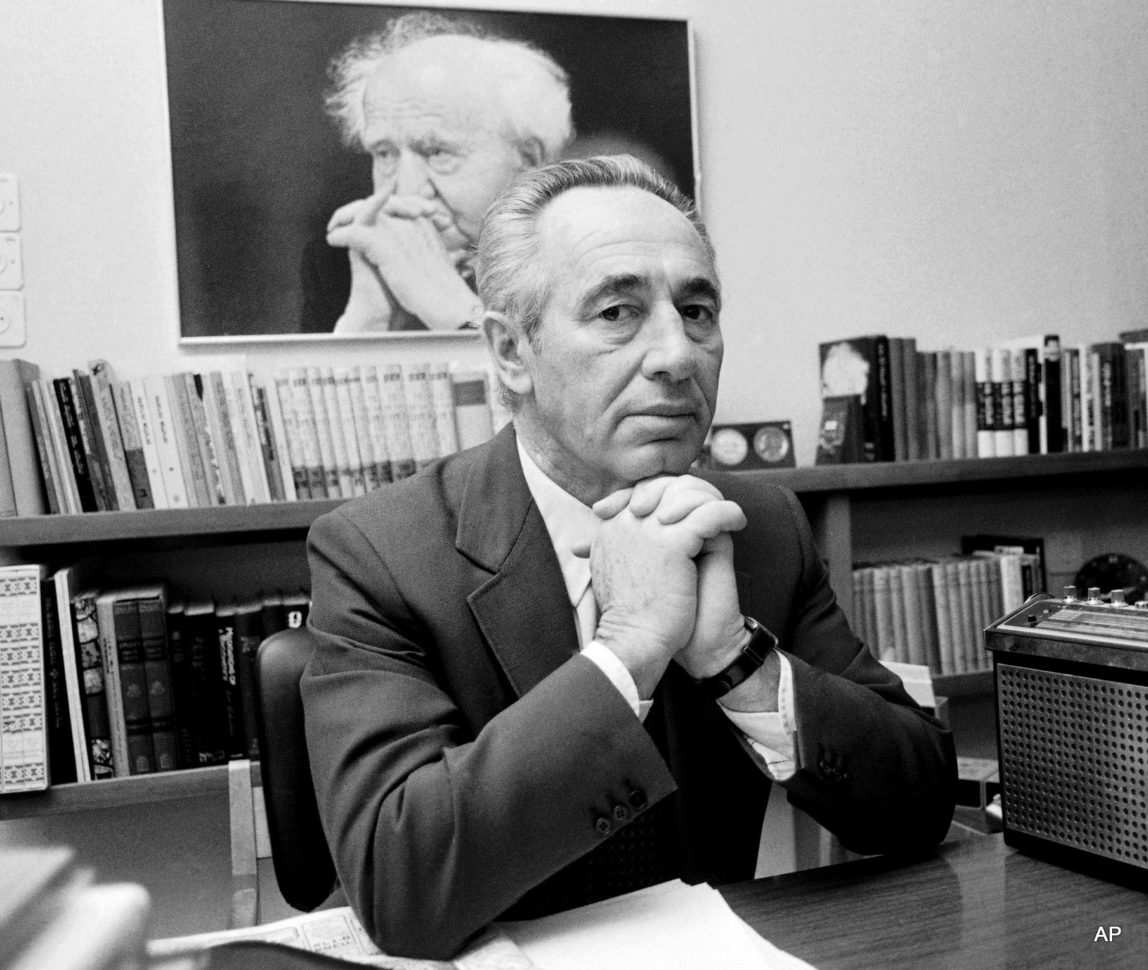 In an especially vain moment, Peres is pictured mimicking the pose of his political mentor, David Ben Gurion