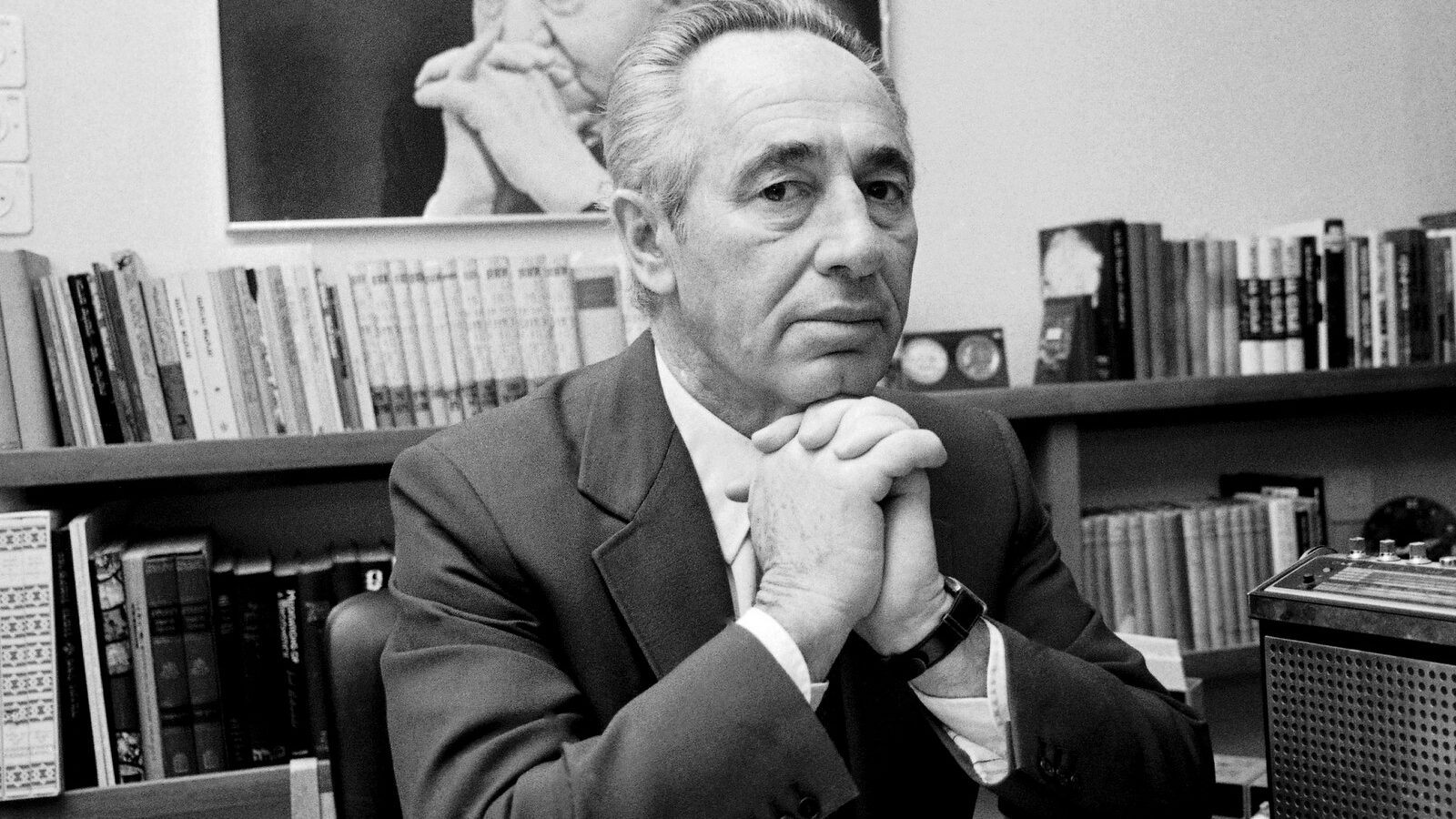 In an especially vain moment, Peres is pictured mimicking the pose of his political mentor, David Ben Gurion